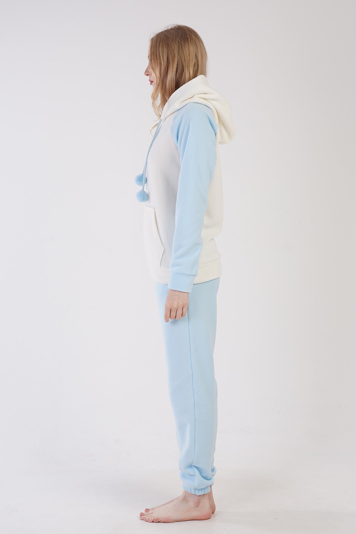 KADIN POLAR KAPSONLU REGLAN UZUN KOL KANGURU CEPLI PACASI BUZGULU MANSETLI CEPLI PIJAMA TAKIM