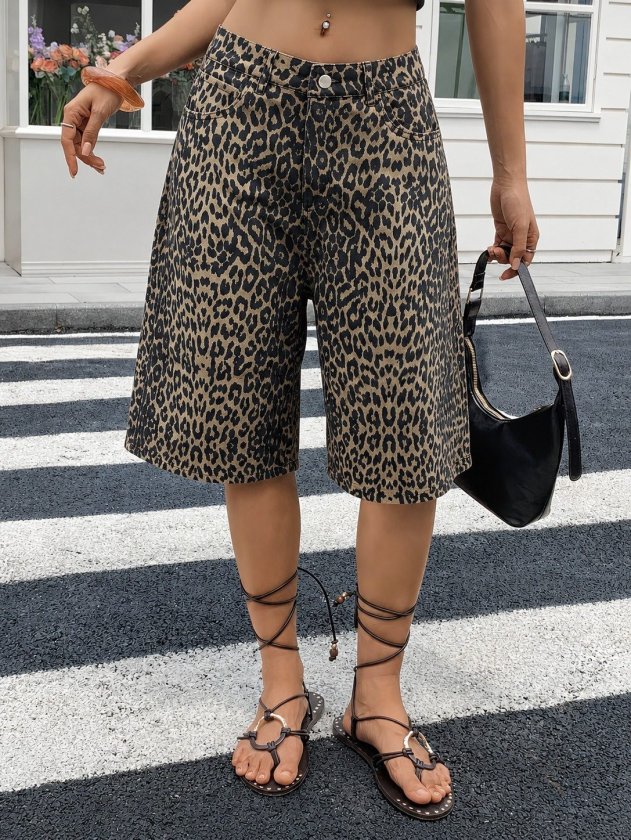 Women's High Waist Leopard Print Detailed Short Denim Shorts