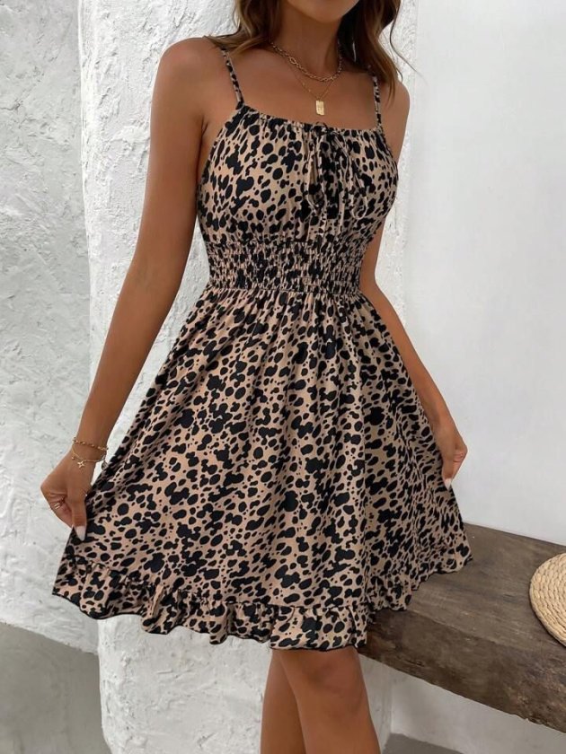 Women's Spaghetti Strap Gathered Neck Elastic Waist Short Supreme Dress