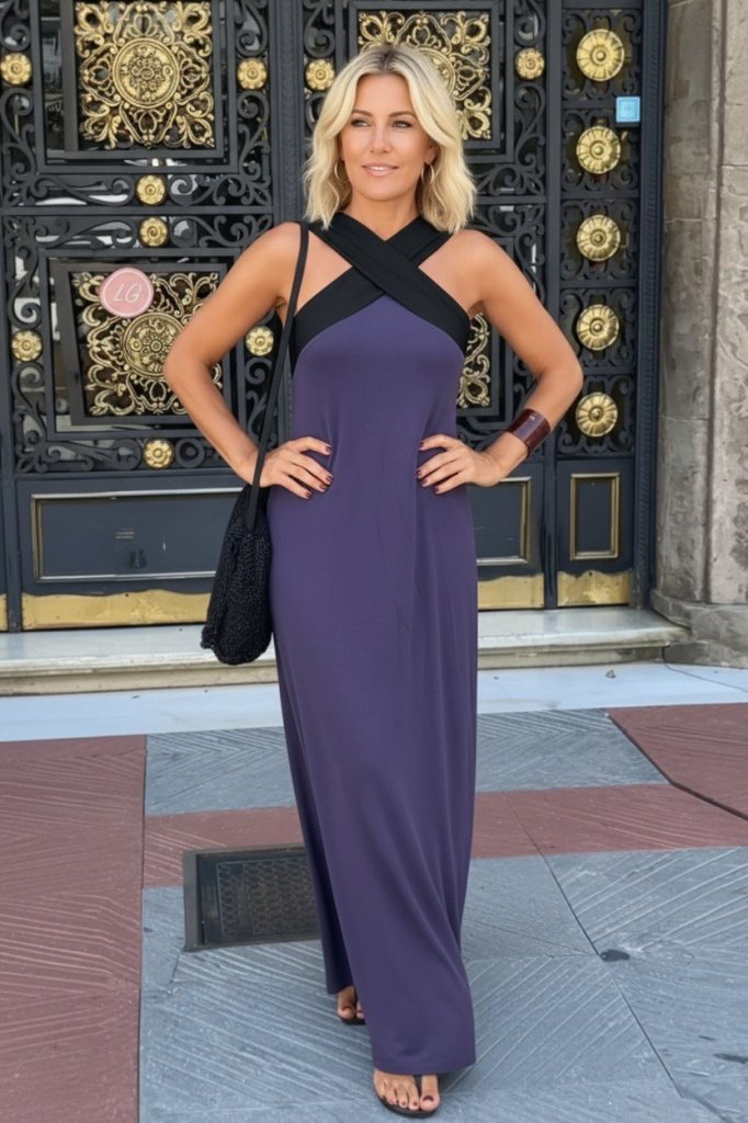 Women's Front Cross Detail Two-Tone Long Viscose Dress
