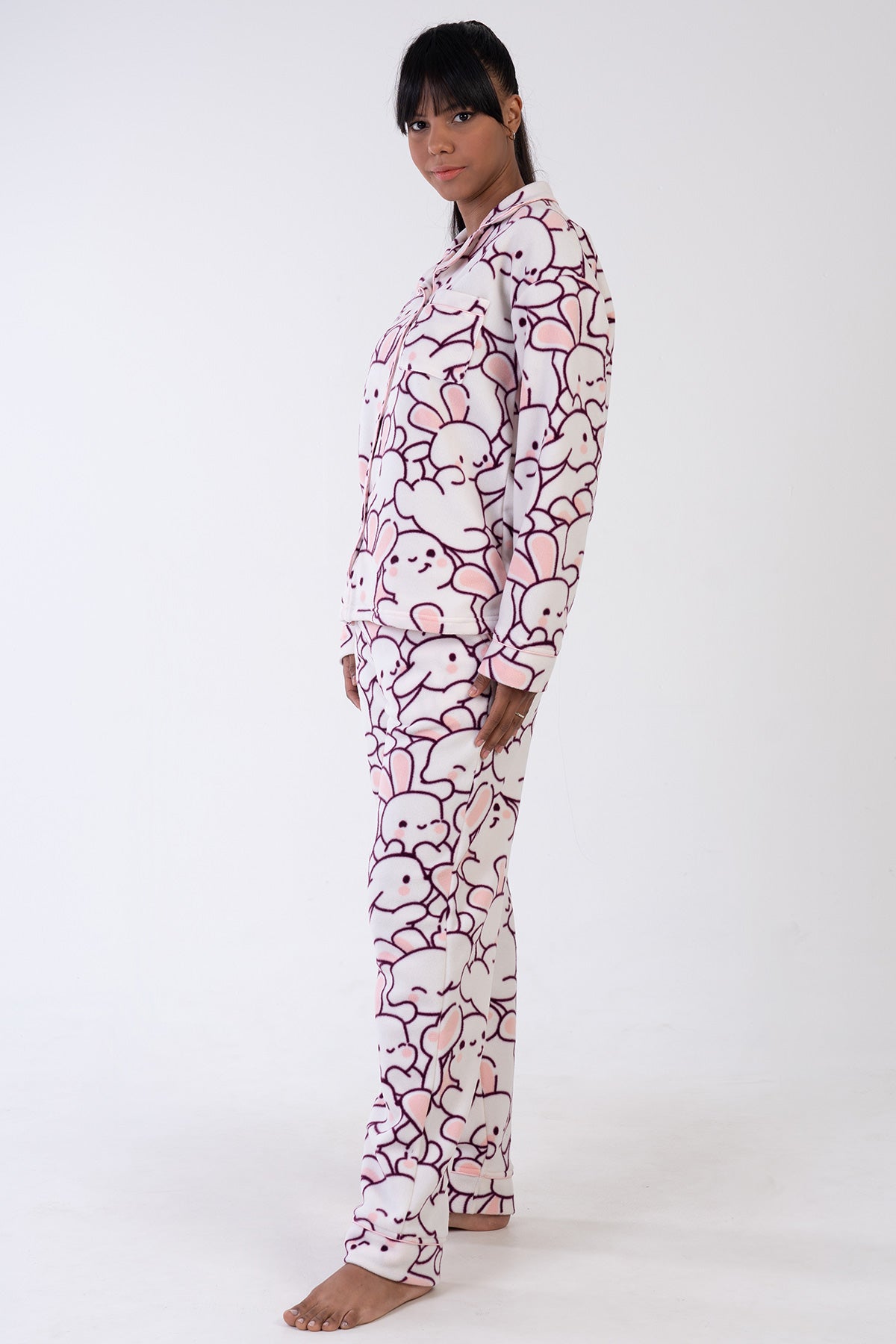 Woman Rabbit Fleece Buttoned Pyjama Set