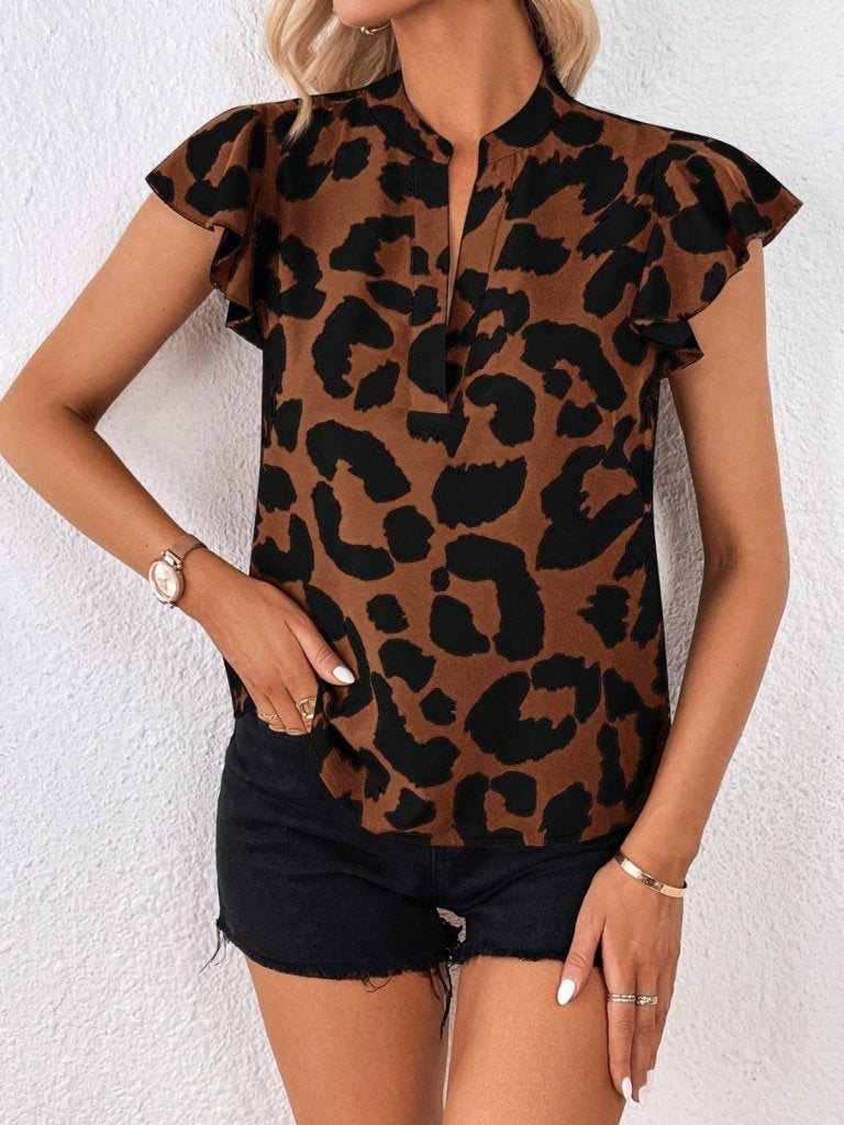 Kadın Kısa Fırfır Kollu V Yakalı Leopar Desenli Süprem Bluz, 31118