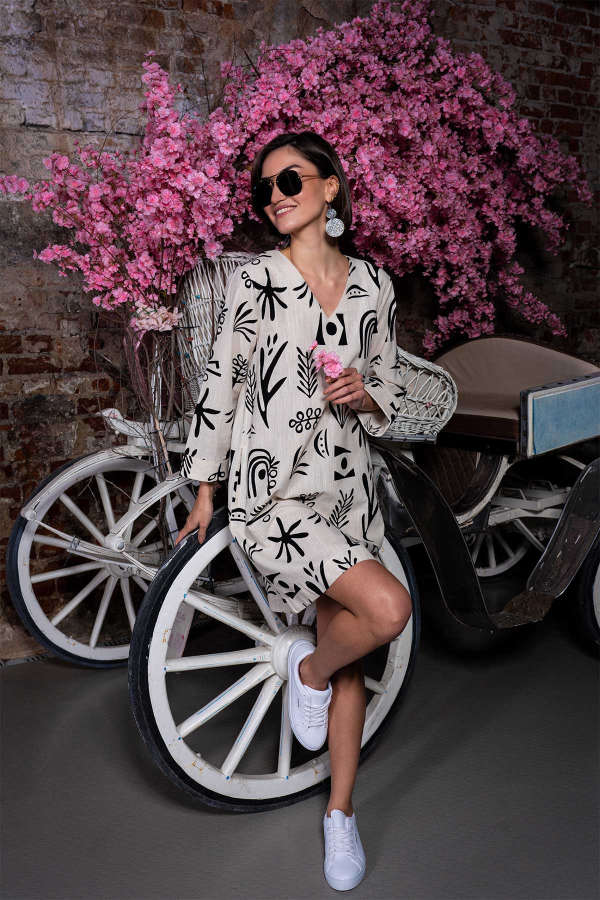 KADIN KETEN XXL V YAKA 7/8 DOUBLE KOL YIRTMACLI CEPLI TUNIK