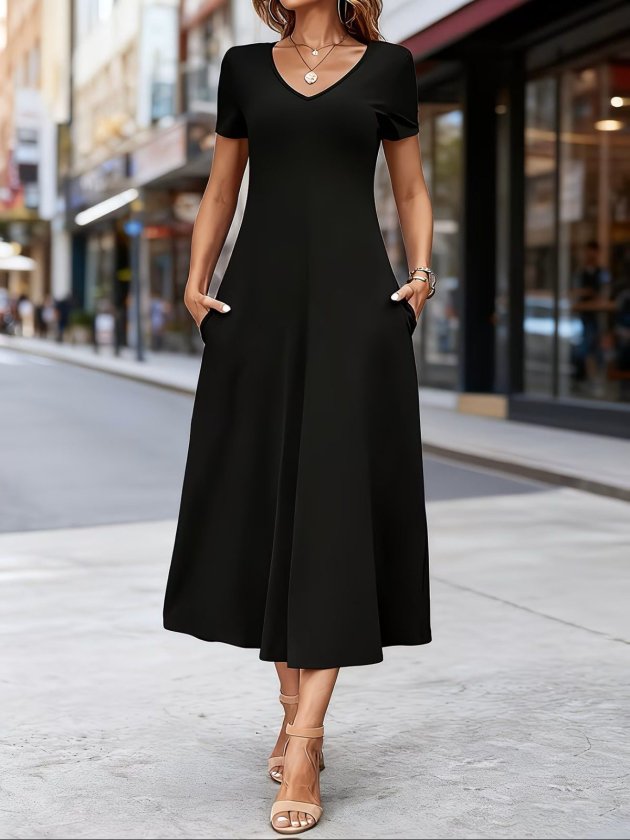 Women's Short Sleeve V-Neck Pocket Midi Viscose Dress
