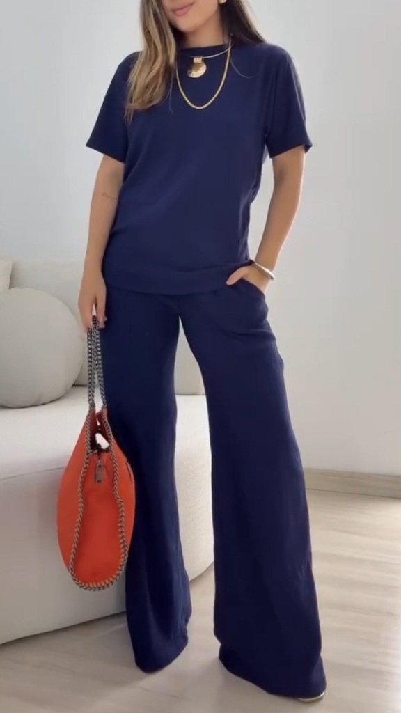Kadın Kısa Kollu Bisiklet Yaka Viskon Iki Iplik Bluz Ve Pantolon Ikili Takım , 35234