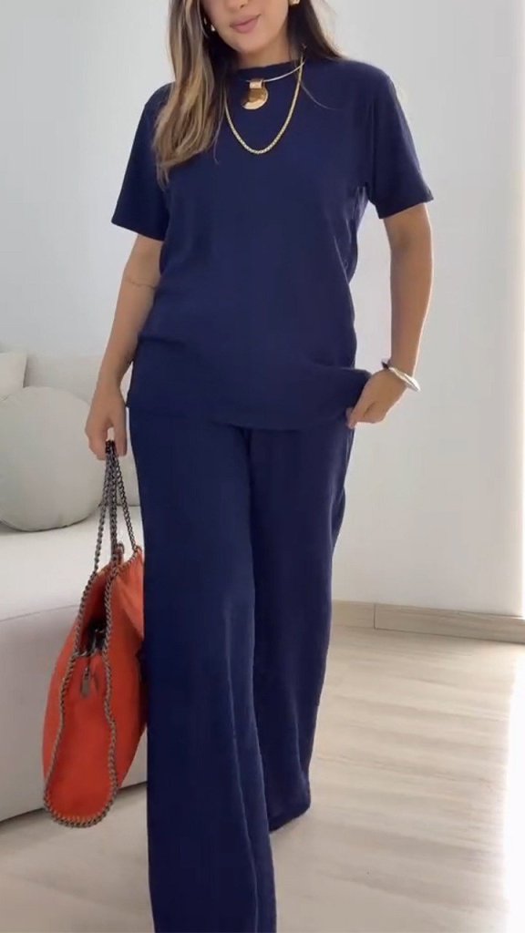 Kadın Kısa Kollu Bisiklet Yaka Viskon Iki Iplik Bluz Ve Pantolon Ikili Takım , 35234