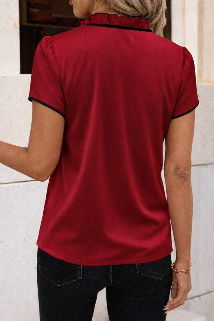 Kadın Kısa Kollu Yakası Fırfırlı Bağcıklı Janjan Krep Bluz, 35648