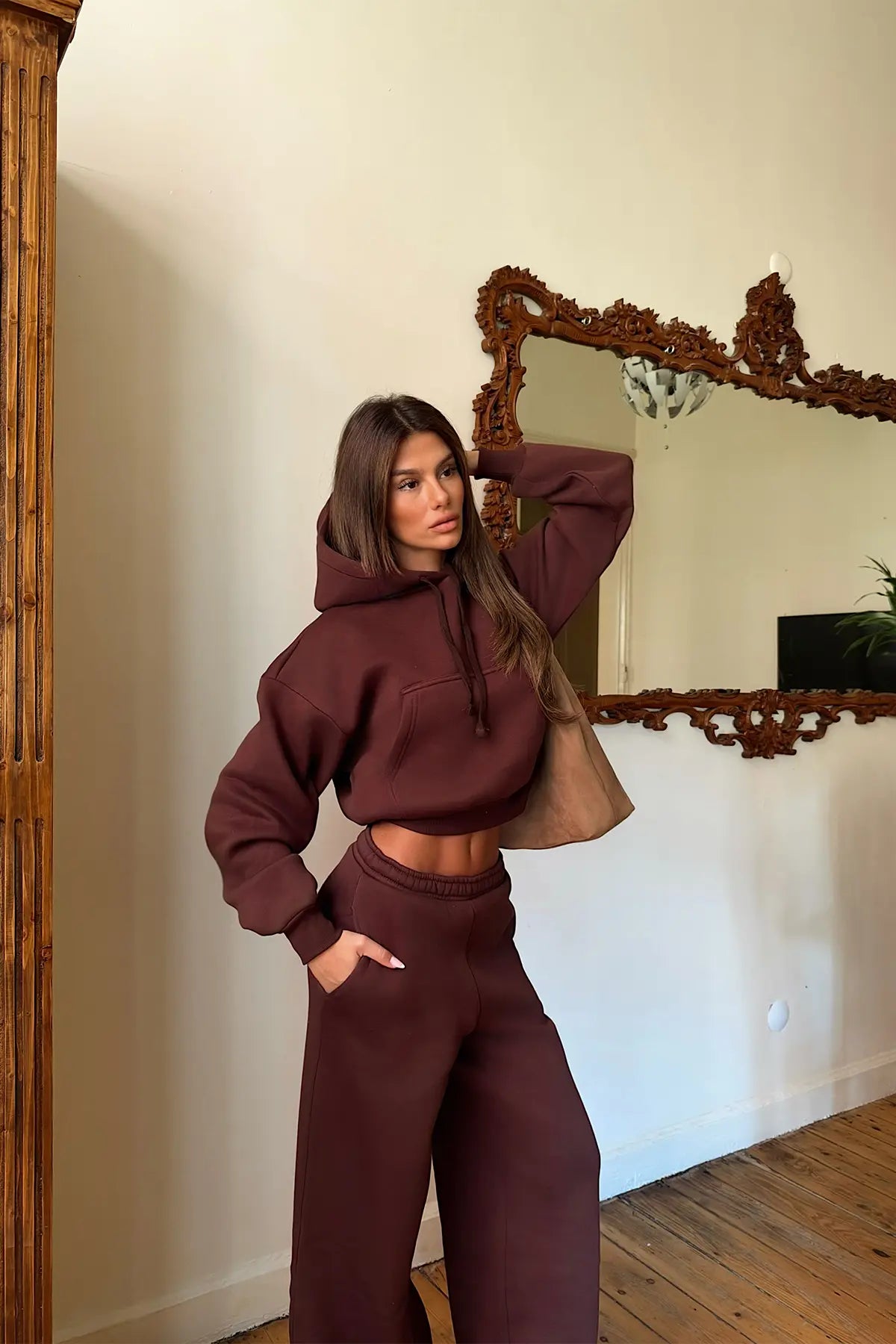 Kahverengi Sweat Detay Eşofman Takım