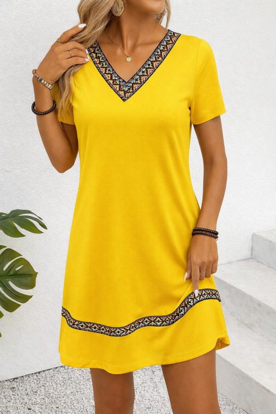 Women's Short Sleeve V Neck Ethnic Pattern Stripe Detail Viscose Dress