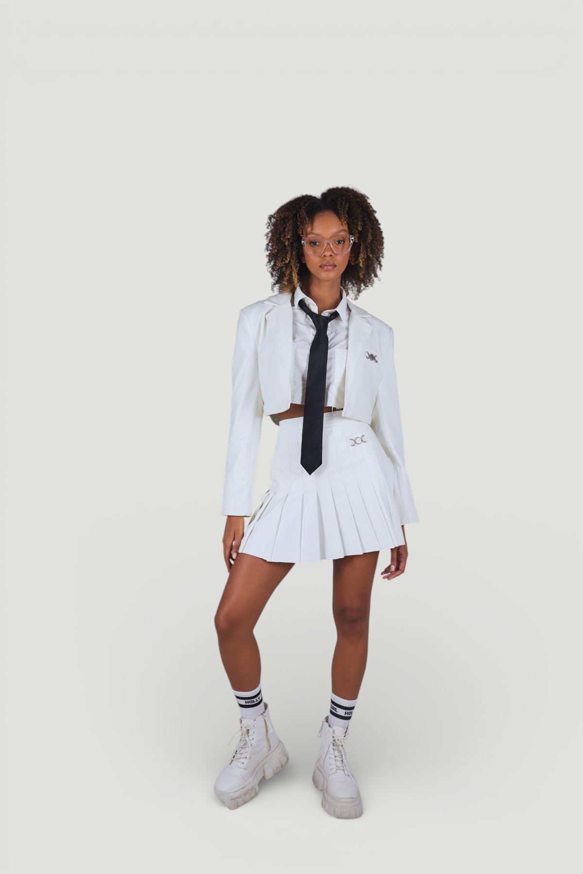 Fermuar Kapamalı Pileli Mini College Deri Etek Ekru