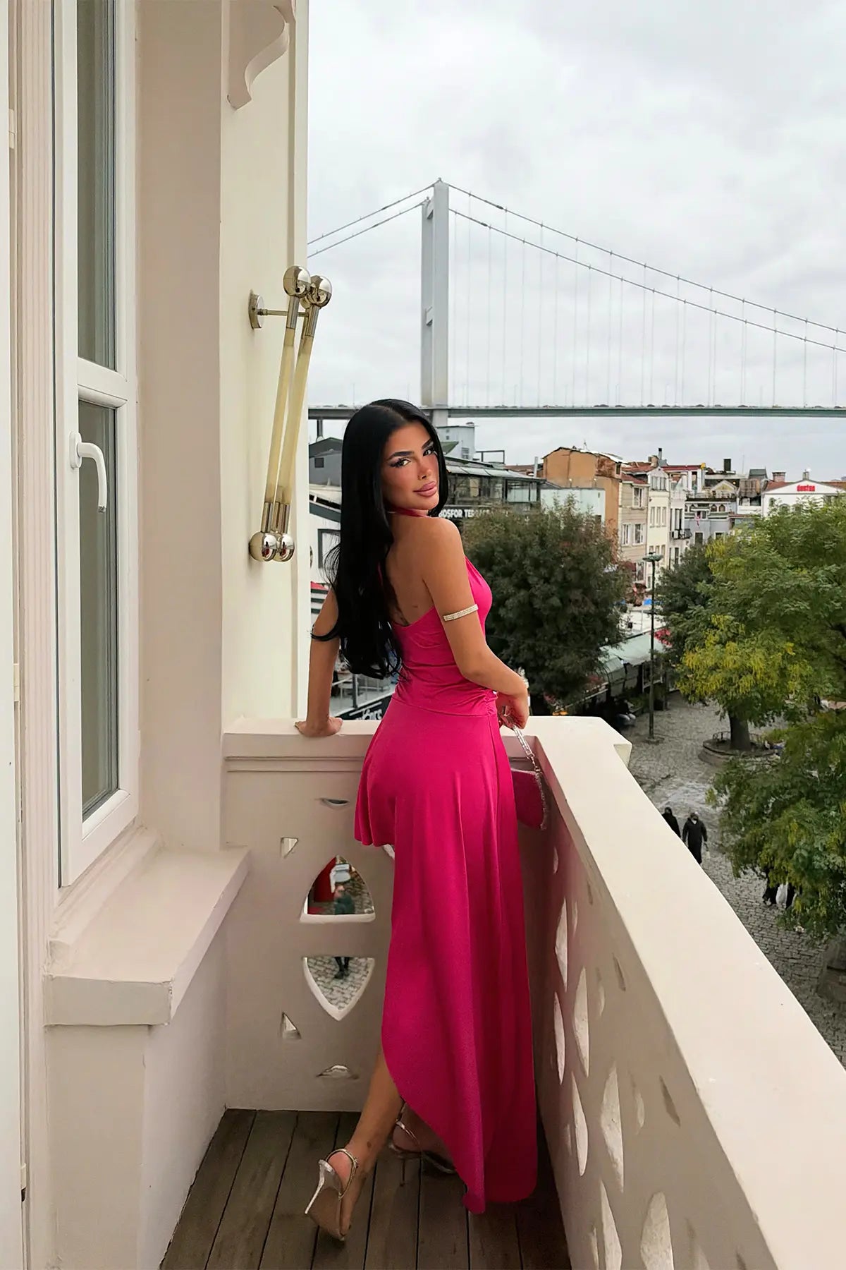 Fuşya Asimetrik Kesim Elbise