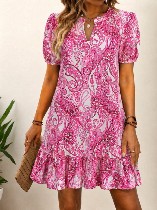 Women's Short Sleeve V Neck Patterned Short Supreme Dress