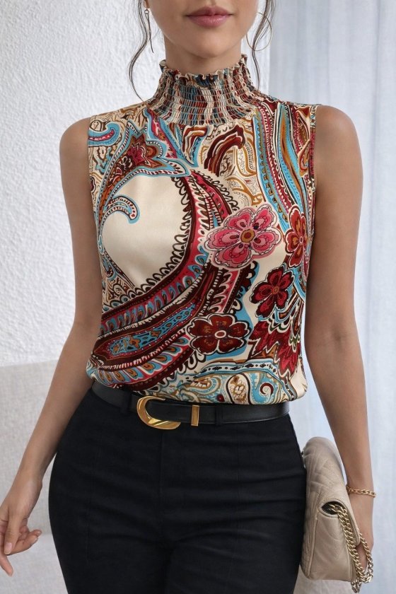 Women's Sleeveless Turtleneck Patterned Supreme Blouse