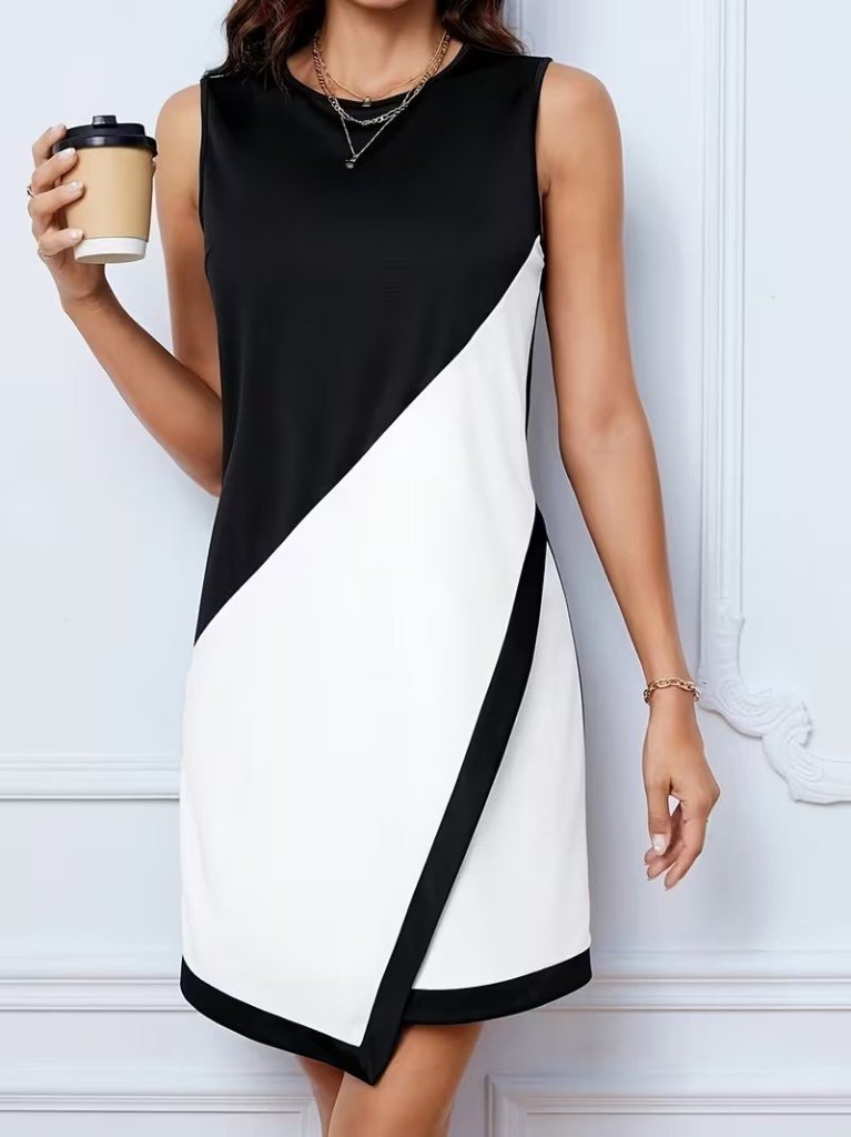 Women's Strappy Crew Neck Beltless Asymmetric Cut Two-Tone Short Imported Crepe Dress