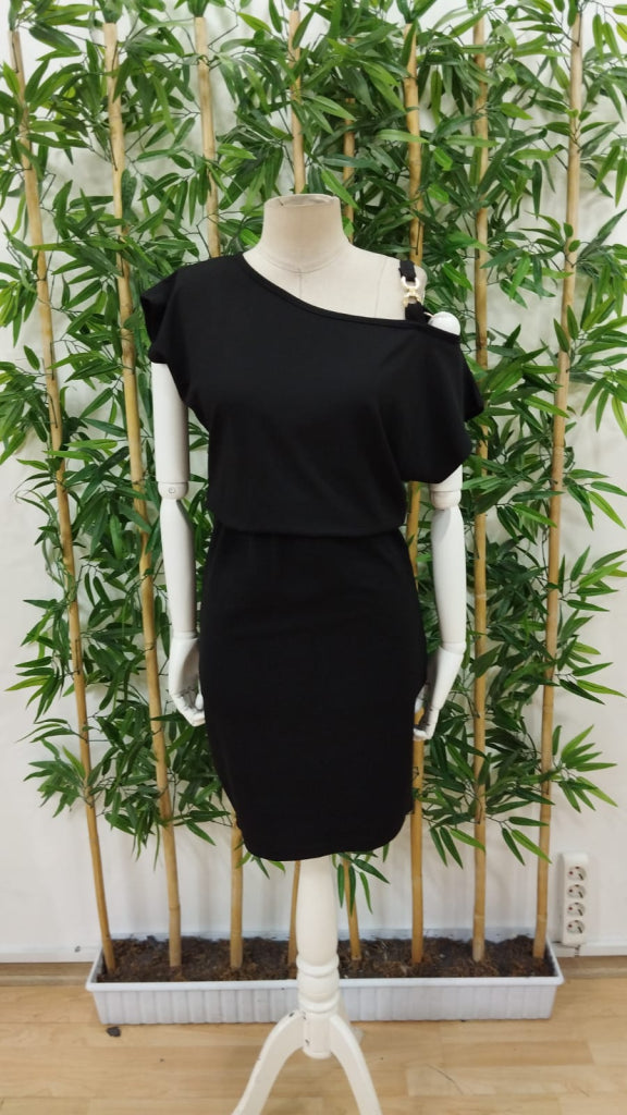 Women's Short Sleeve One-Shoulder Strap and Accessory Detail Waist Elastic Crepe Dress