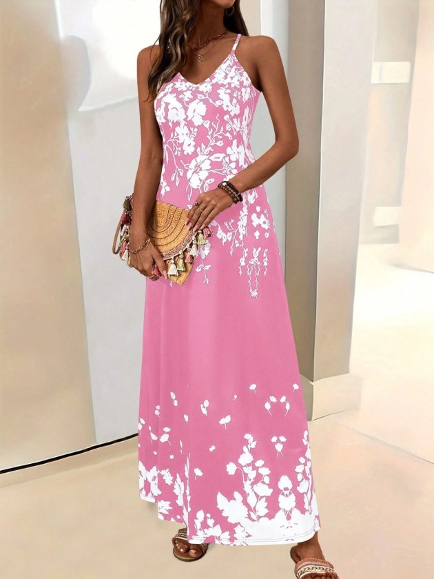 Women's Sleeveless V Neck Patterned Long Supreme Dress