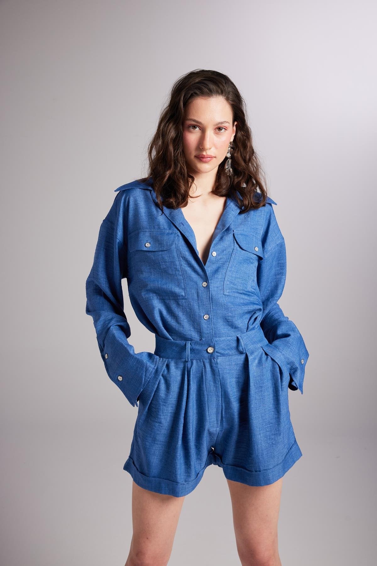 Düğme Kapamalı Mini Julia Şort Mavi