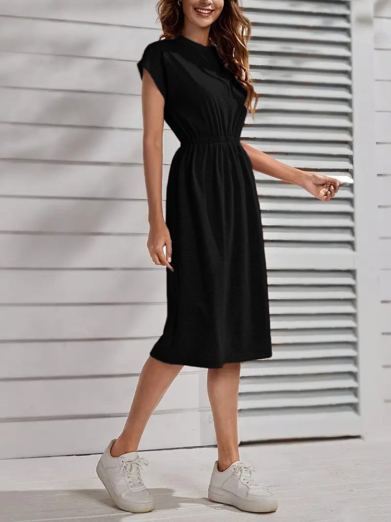 Women's Short Sleeve Crew Neck Waist Elasticated Midi Viscose Dress