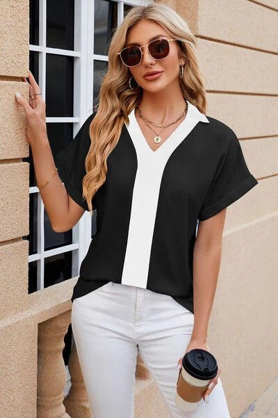 Women's Short Sleeve V-Neck Sandy Blouse with Front Stripe Detail