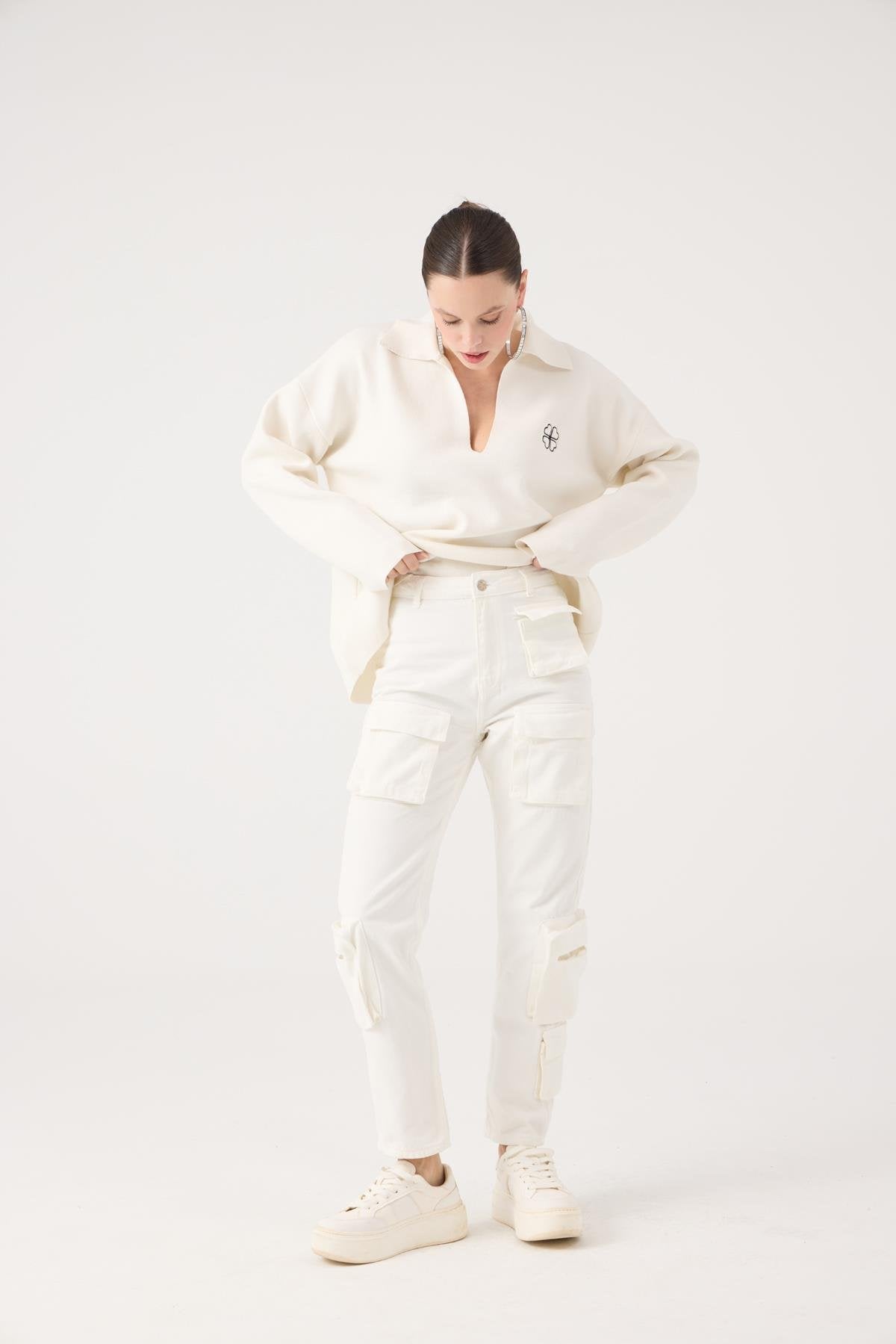 Yüksek Bel, Kargo Cepli Serenity Jean Pantolon Beyaz