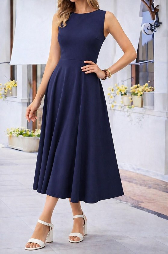 Women's Off-Shoulder Boat Neck Flared Midi Viscose Dress