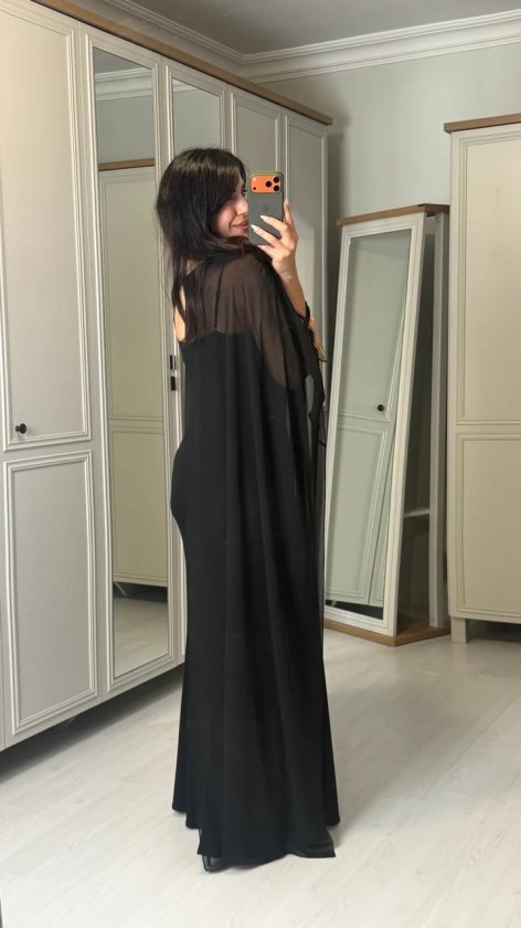 Kadın Transparan Pelerin Detay Askılı Maxi Boy Elbise