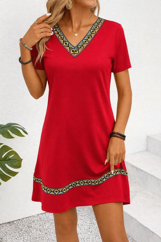 Women's Short Sleeve V Neck Ethnic Pattern Stripe Detail Viscose Dress