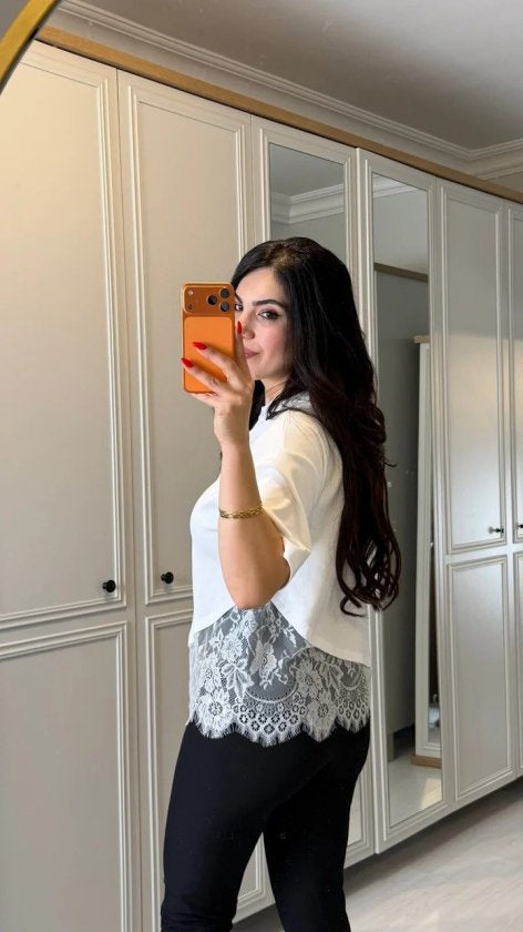 Kısa Kollu Bısıklet Yakalı Dantel Detaylı Vıskon ıkı ıplık Bluz, 34272