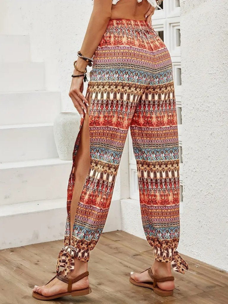 Women's High-Waisted Patterned Crinkled Pants with Side Slits