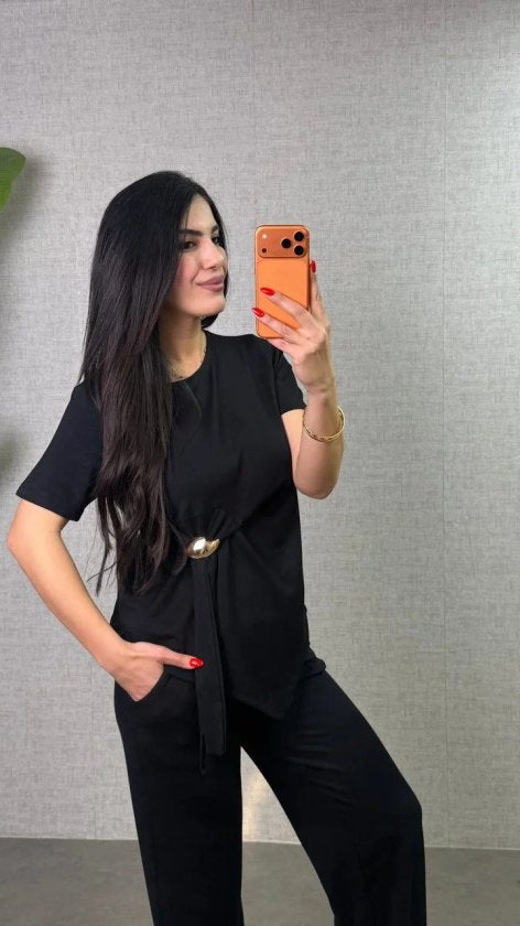 Kadın Kısa Kollu Bisiklet Yaka Yandan Toka Detaylı Viskon Iki Iplik Bluz Ve Pantolon Ikili Takım, 34321