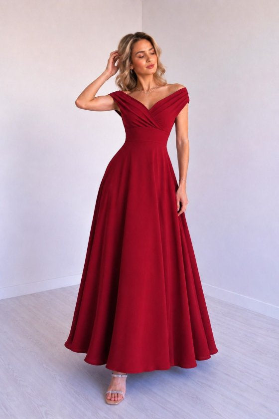 Kadın Yakası Omuzları Açıkta Bırakan Kruvaze Yakalı Belden Oturtmalı Uzun Janjan Krep Elbise , 35744