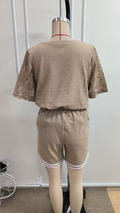 Kadın Kısa Kollu Bisiklet Yakalı Waffle Bluz Ve Short Ikili Takım, 34608