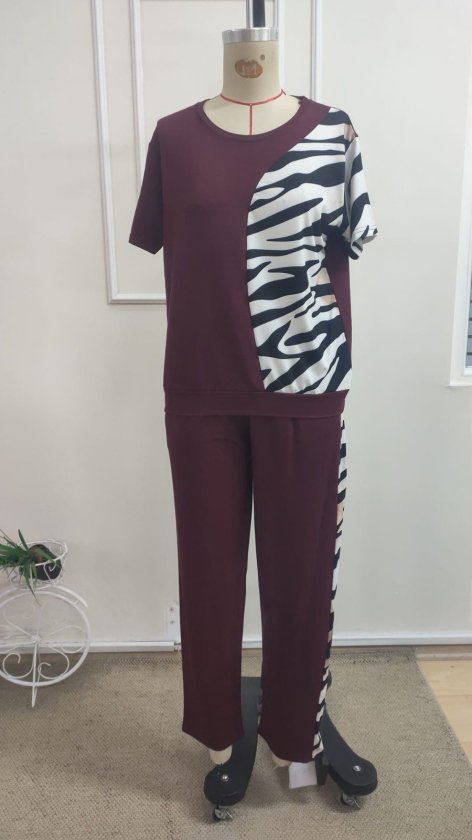 Kadın Kısa Kollu Bisiklet Yaka Zebra Desen Bluz Ve Pantolon Ikili Takım , 34969