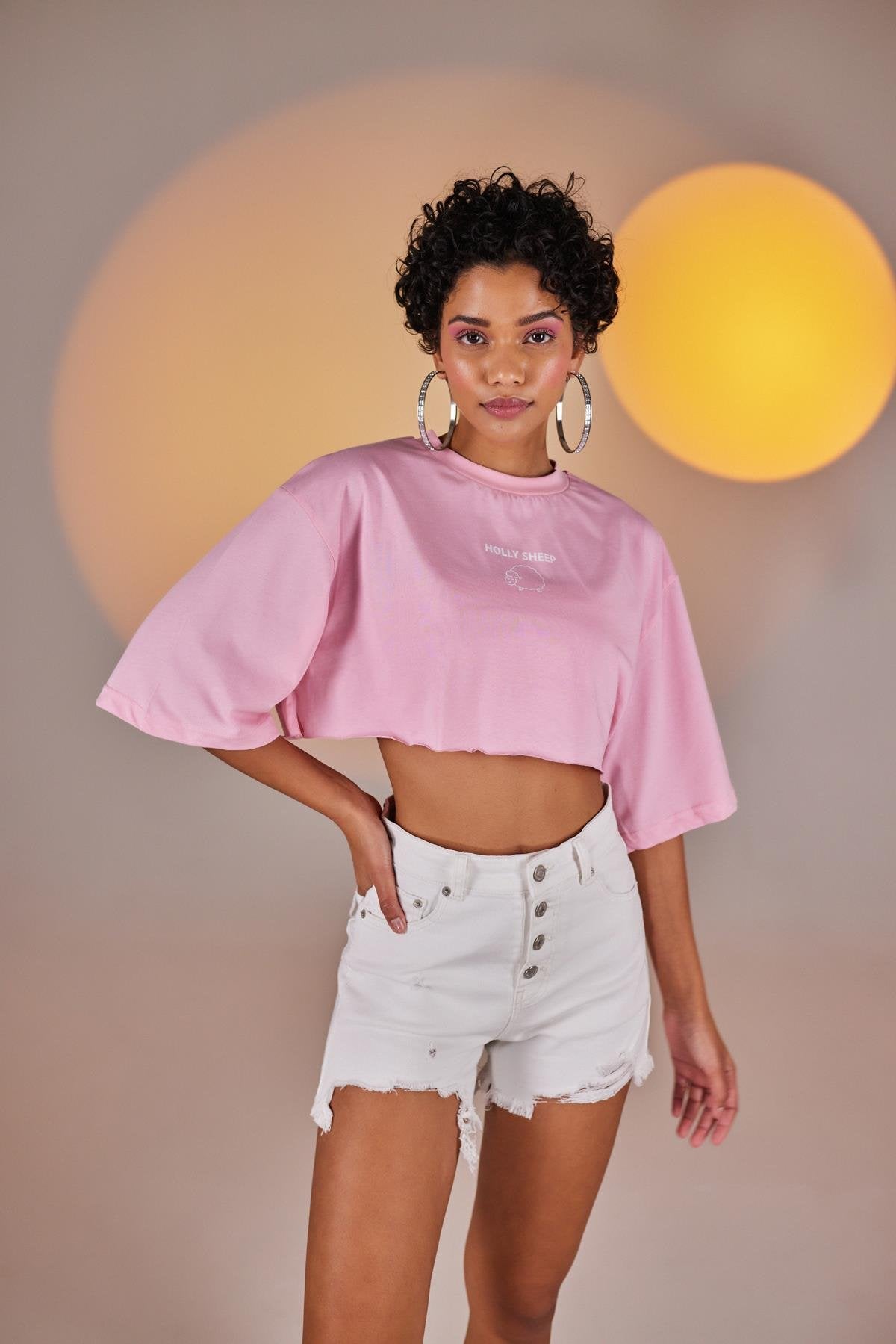 Bisiklet Yaka Holly Crop Tshirt Pembe
