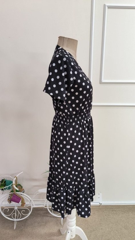 Kadın Kısa Kollu V Yakalı Beli Lastikli Midi Süprem Elbise , 35205