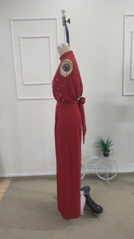 Kadın Balıkçı Yaka Kolsuz Incili Beli Kuşaklı Uzun Janjan Tulum, 35237