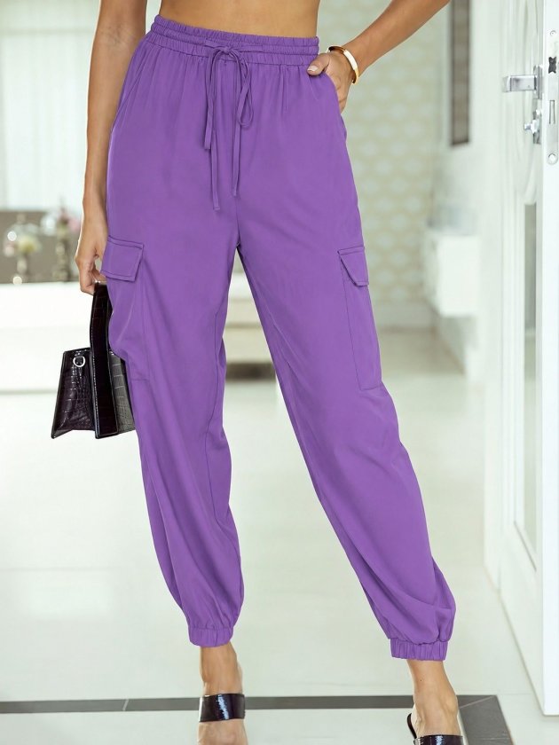 Kadın Yüksek Bel Bağcıklı Cepli Paça Ağzı Lastikli Parasüt Pantolon, 35716