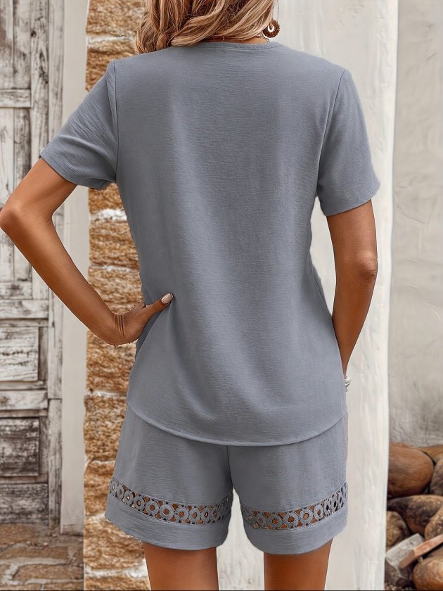 Kadın Kısa Kollu V Yakalı Bluz Ve Short Ikili Takım, 35724