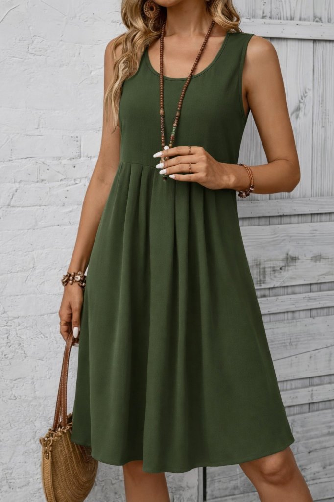 Women's Sleeveless Round Neck Front Pleated Short Aerobin Dress