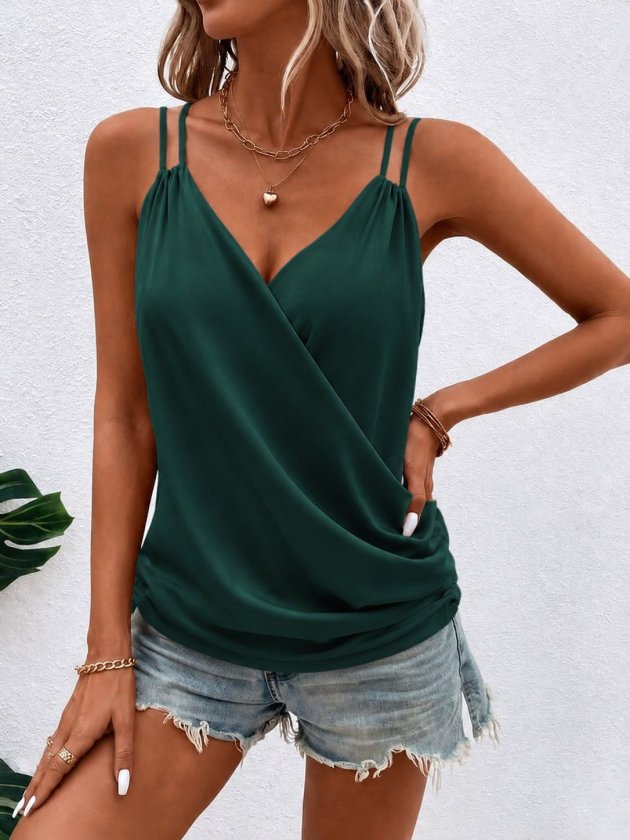 Kadın Askılı Kruvaze Yakalı Pile Detaylı Sandy Bluz, 35840