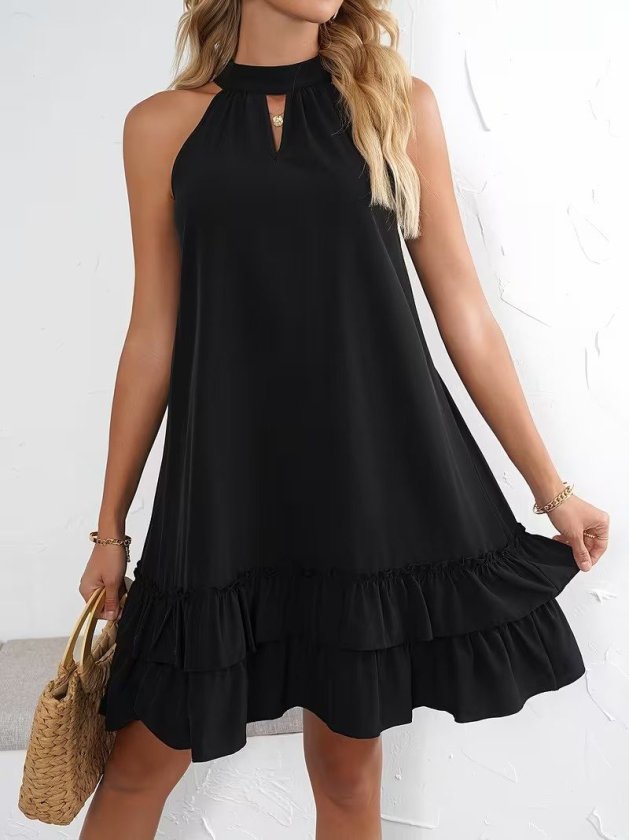 Women's Off-the-Shoulder Halter-Neck Short Sandy Dress with Teardrop Detail and Ruffles