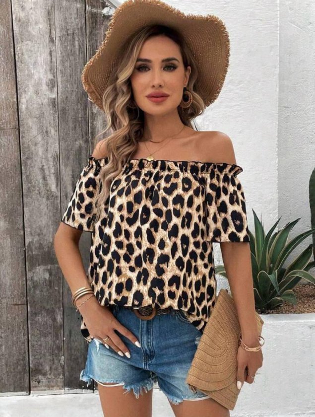 Women’s Madonna Neck Ruffled Leopard Print Microfabric Blouse