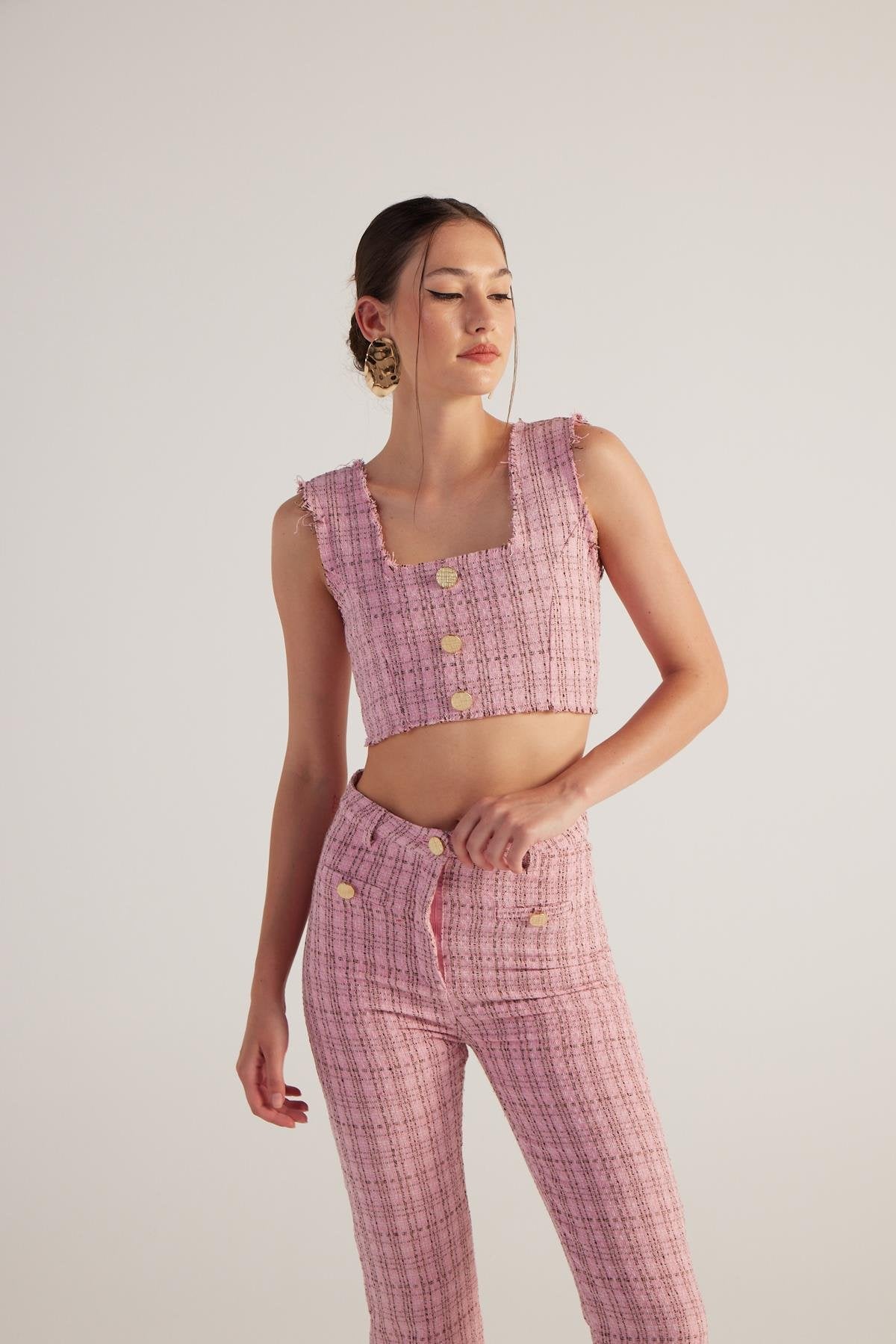 Tüvit Kumaş Crop Tweed Büstiyer Pembe