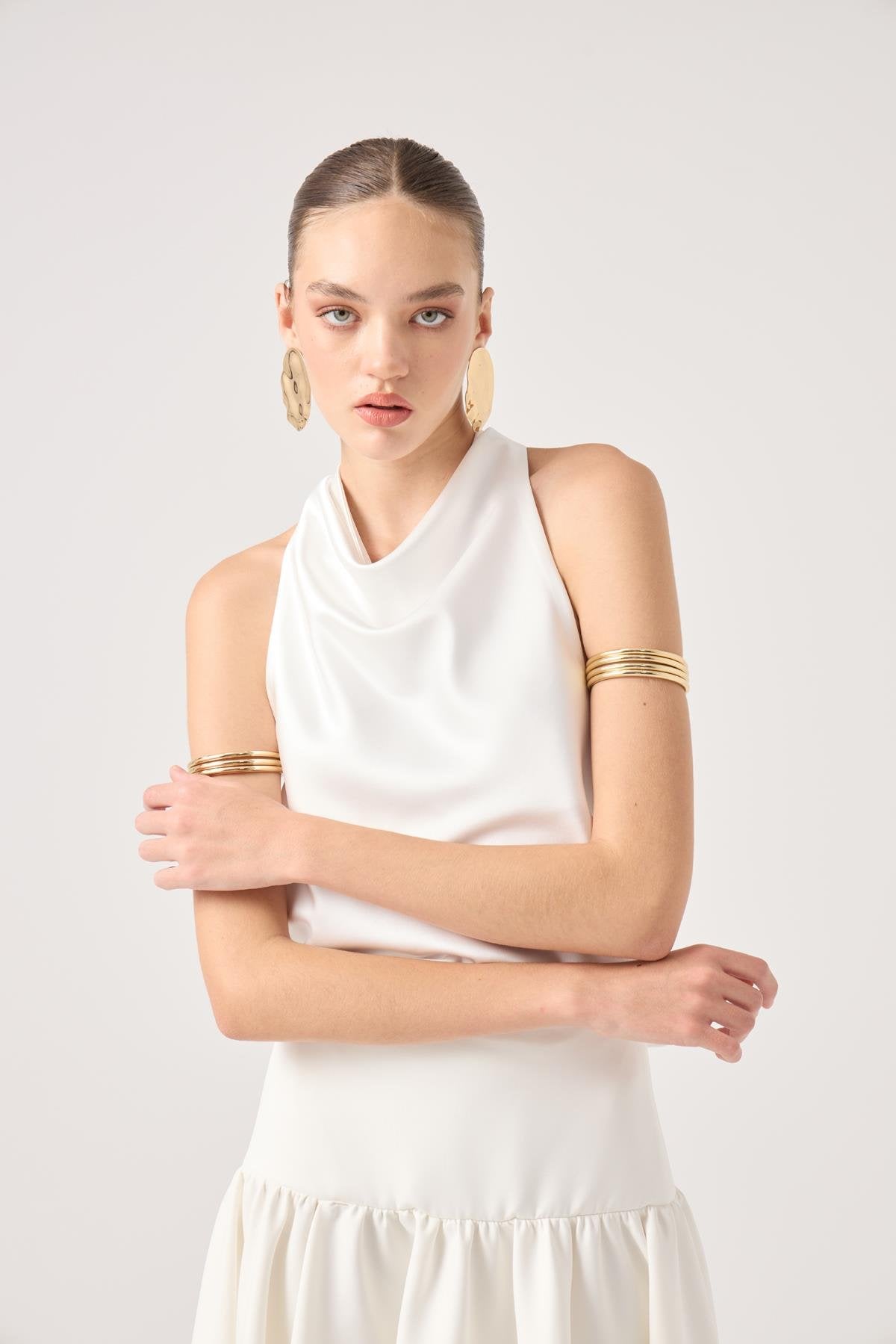 Degaje Yaka Saten Dalia Bluz Beyaz