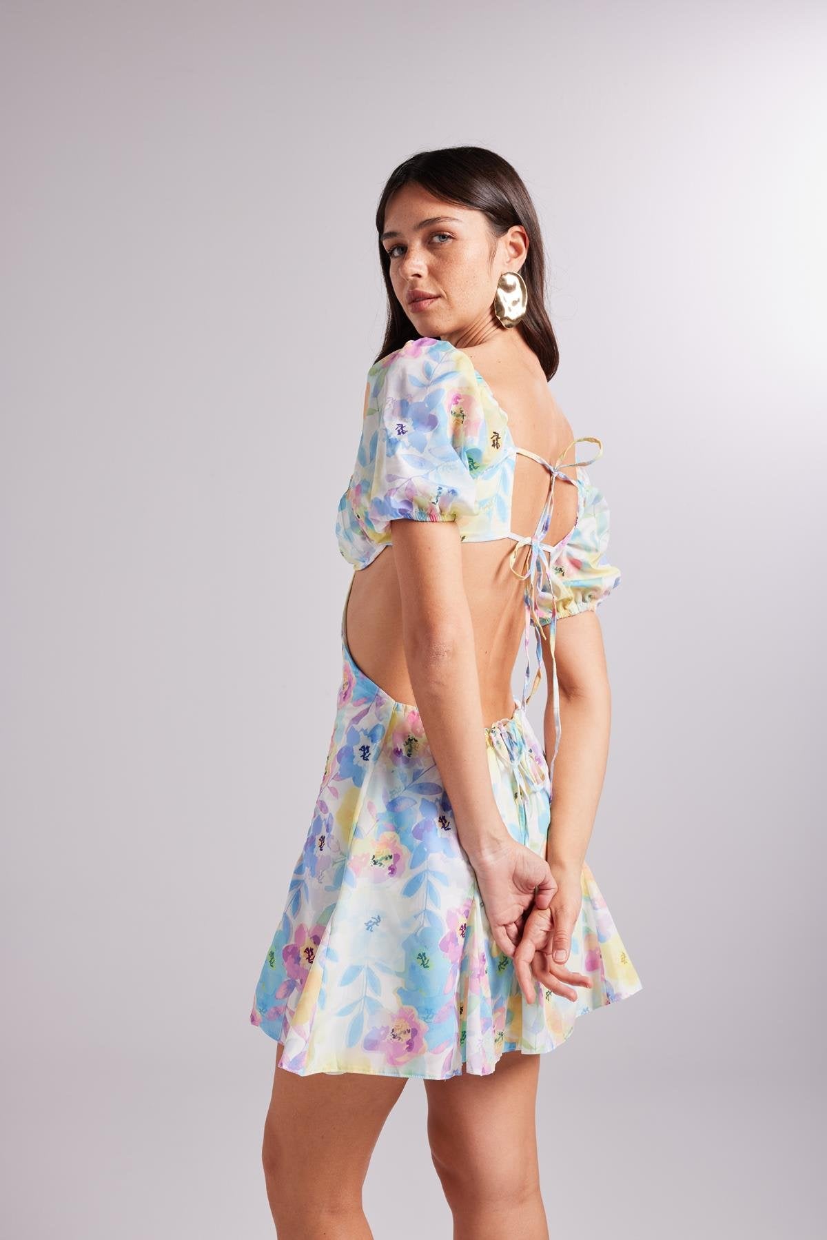 Çiçek Desenli Mini Boy Balon Kol Liana Elbise Mavi