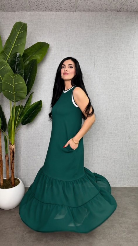 Women's Strappy Round Neck Chiffon Hem Detail Long Viscose Double Thread Dress