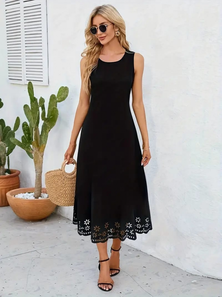 Women's Sleeveless Laser-Cut Hem Floral Pattern Midi Ruffled Crepe Dress