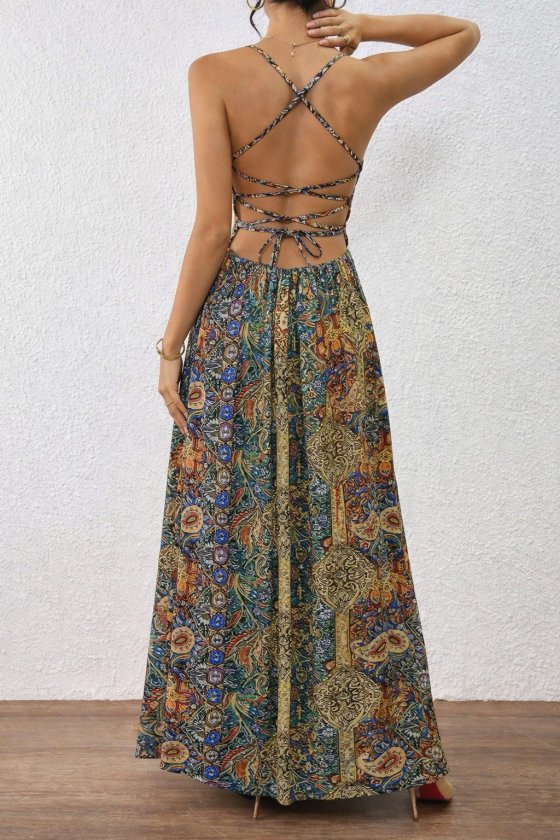 Women’s Thin Strap Cross Back Cut Detail Long Patterned Supreme Dress