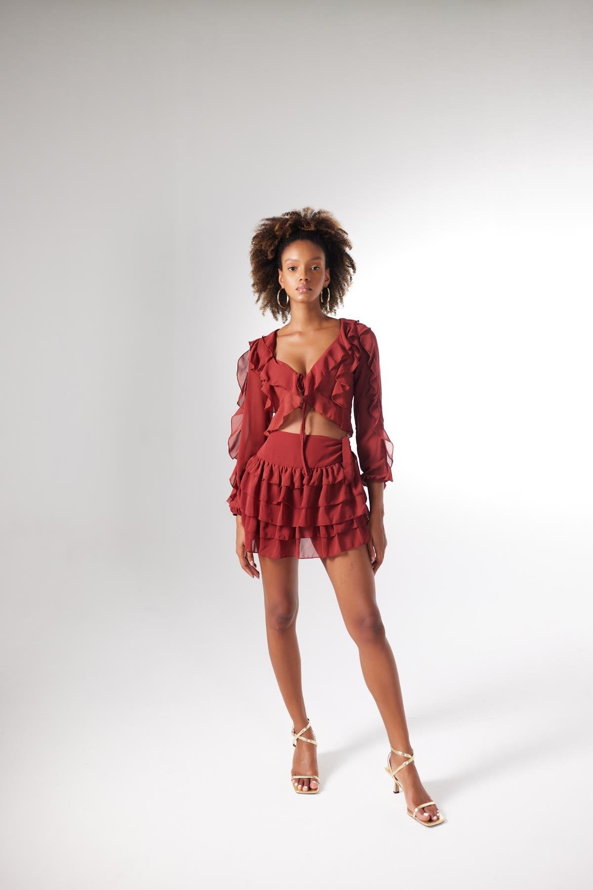 Beli Lastikli Volanlı Mini Elsa Etek Kahve Kahve L