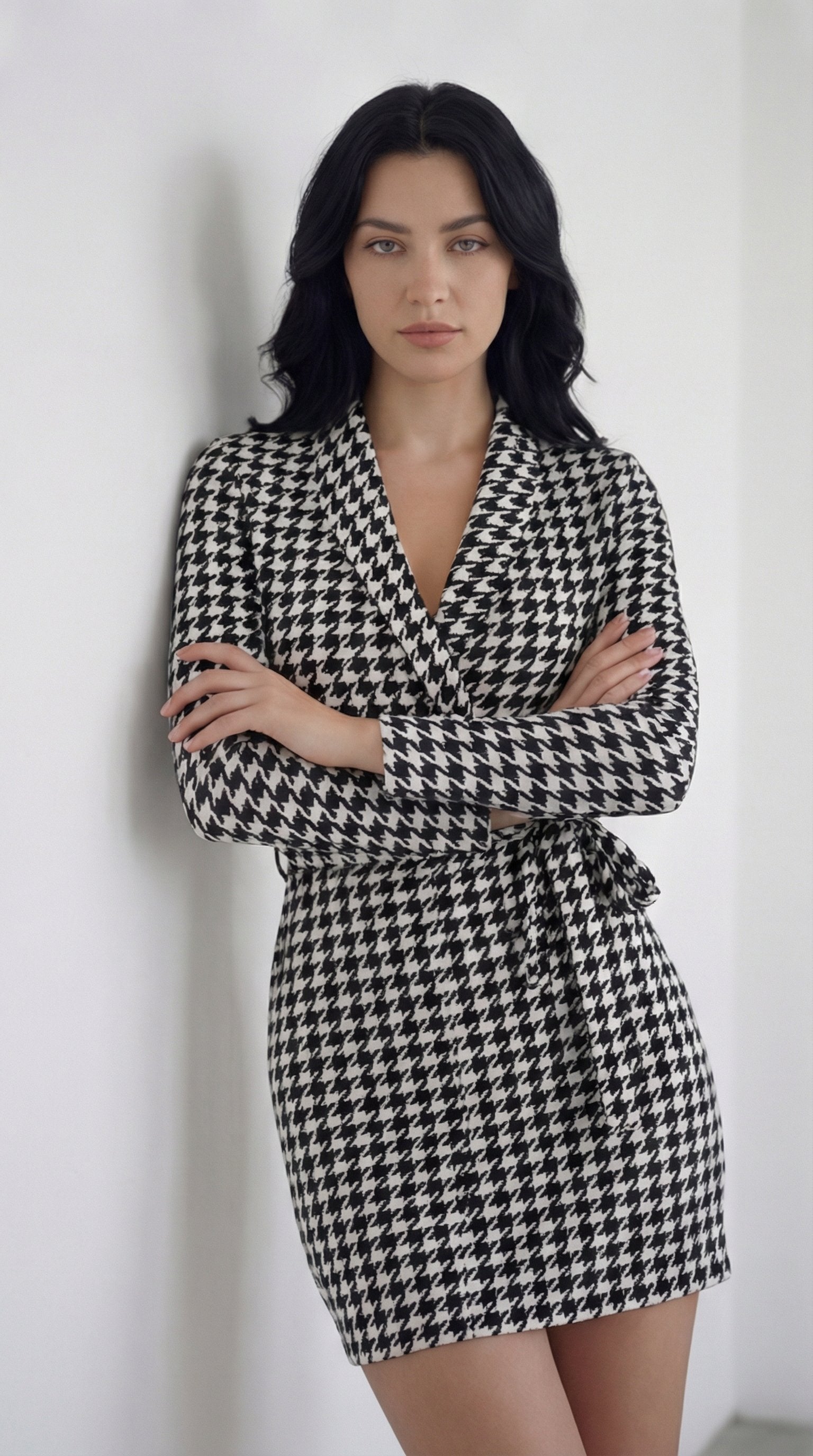 Women’s Long Sleeve Wrap Neck Tie Belt Neoprene Mini Dress
